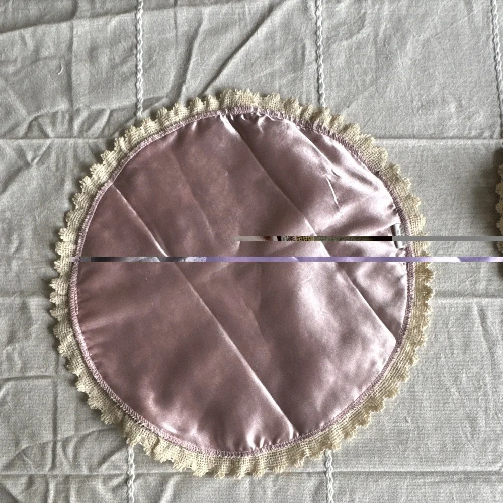 Set of 3 Round Floral Fabric Placemats, Pink/Beige/Green Lace Trim 10-15in